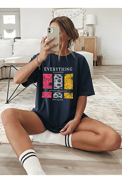 caddekombin Ženski šareni cvet Štampano Motivacioni tamnoplavi T-shirt