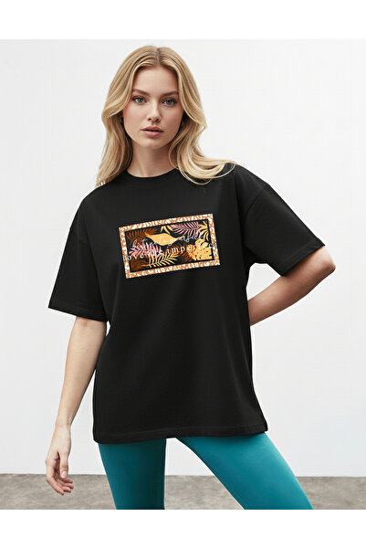 caddekombin Palmier leopard pentru femei cu imprimeu guler rotund Negru tricou