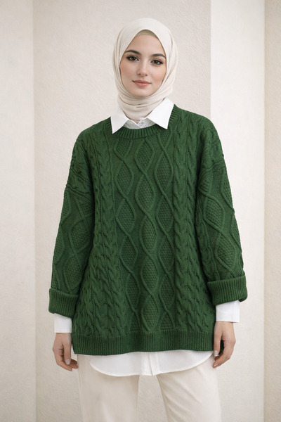 Kirazgym Honeycomb Textured Casual Knit Sweater – Dark Green