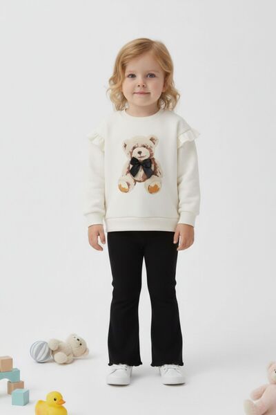 Lupinn Girl's Cream Bow Ruffle Sleeve Relaxed Fit Soft Textured Stylish Set -...