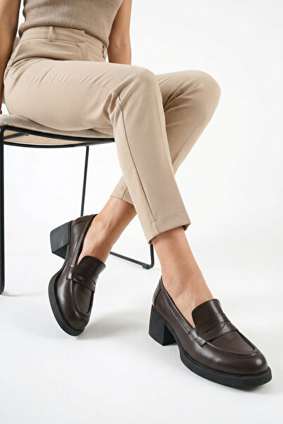 GRADA Pantofi cu toc din piele naturală maro pentru femei Mocasini cu toc din...