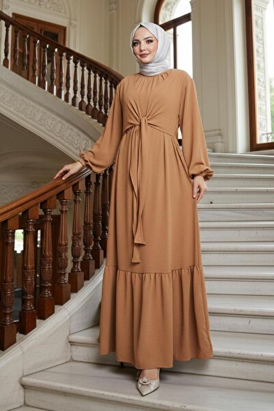 hafsamina Ayrobin Dress with Tie Detail Camel Hm2873