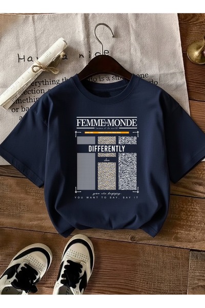 caddekombin Femeie Femeie cu imprimeu guler rotund Bleumarin tricou