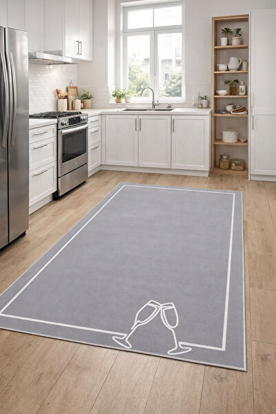 Nihai Ev Dijital Baskı Leke Tutmaz Yıkanabilir Kaymaz Gri Figürlü Mutfak Halı...