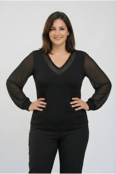 Curvy Trend Bluză cu decolteu în V și mâneci lungi din tul, mărime mare, neagră