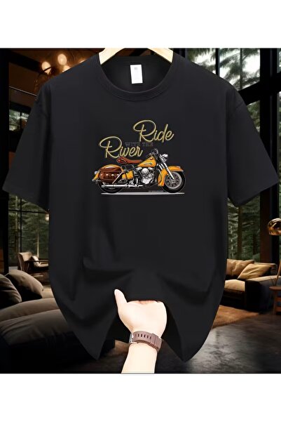 LELVANİ Ανδρικό μαύρο μπλουζάκι με στάμπα ride&river