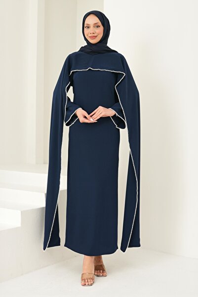İmajButik Navy Blue Pearl Detailed Cape Evening Dress