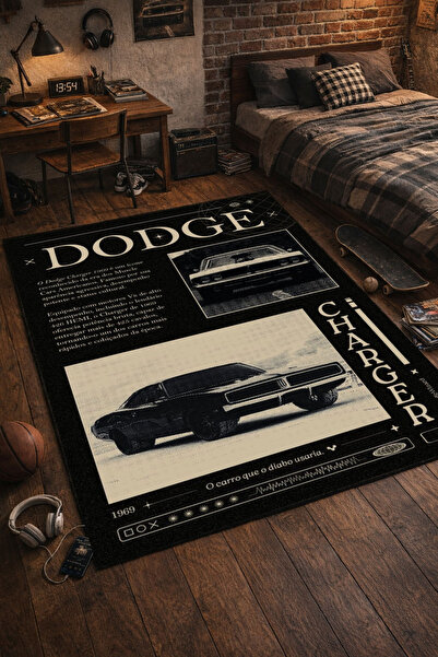 RUGRUMBA Kaymaz Taban Makinede Yıkanabilir Araba Desenli Gamer Genç Odası Halısı