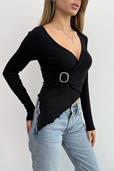NEW JOURNAL Bluză asimetrică neagră detaliu la cataramă pentru femei NJ55