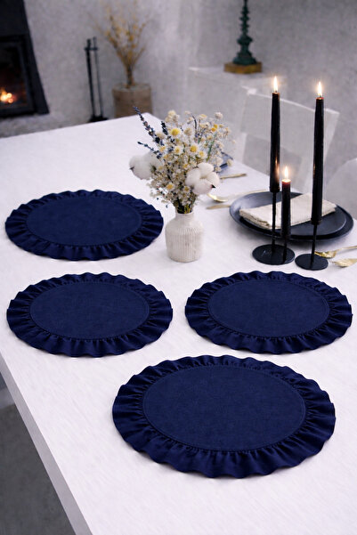 ÇIQRIK HOME 4 Adet Lacivert Natural Fırfırlı Vintage Amerikan Servis/supla