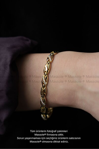 MASSOLE سوار نسائي ذهبي اللون من الزركون المزخرف بنمط محبوك أنيق للاستخدام ال...