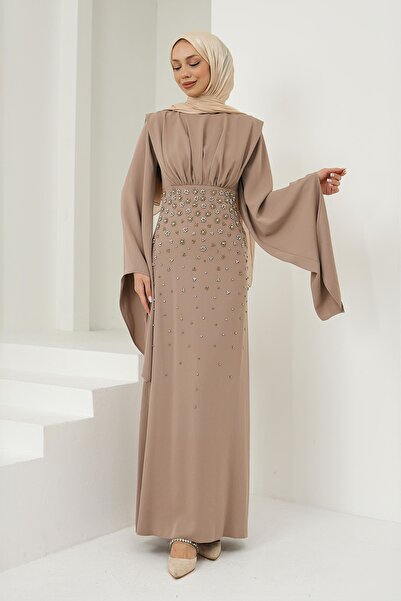 İmajButik Mink Front Draped Stone Embroidered Evening Dress