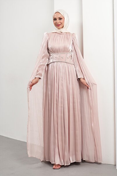 İmajButik Pudra Beli Pleated Evening Dress with Stone Cape