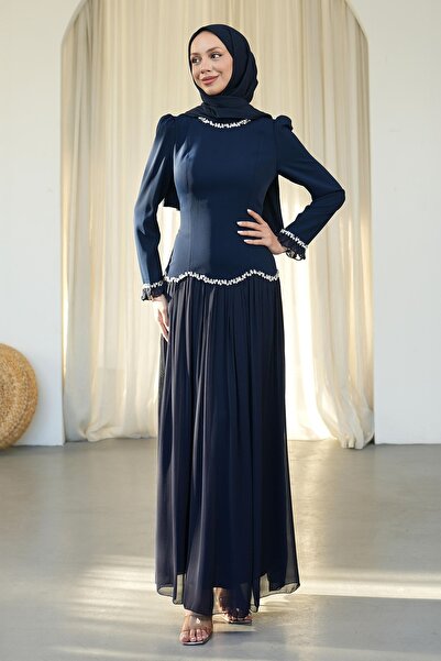 İmajButik Navy Blue Back Tie Stone Evening Dress