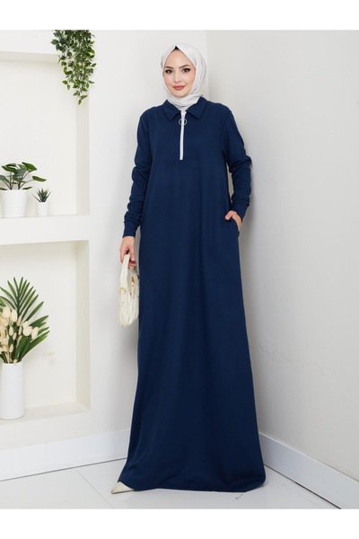Esra Selanik Kumaş Yarım Fermuarlı Boydan Elbise – 145 cm Uzun Tesettür Elbis...