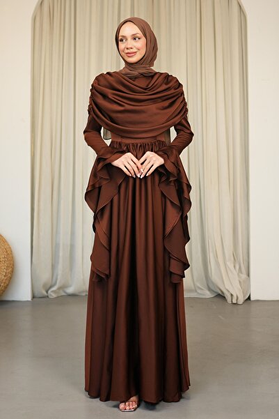 İmajButik Brown Sleeve Layered Front Draped Satin Evening Dress