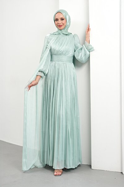 İmajButik Mint Green Cape Detailed Pleated Evening Dress