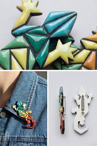 Mont Marte El Yapımı Geometrik Kertenkele Porselen Broş