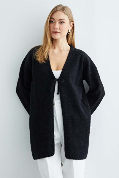 Fulla Moda Tie-Front Bearded Knit Cardigan