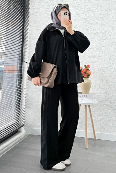 MELEK ARAZ Zippered Parachute Paneled Double Tracksuit Set - Black