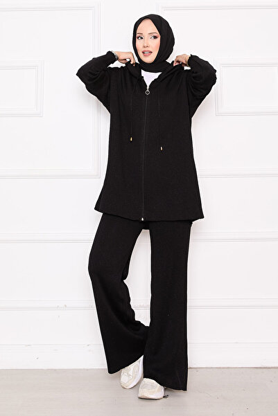 EBRUTESETTÜR طقم ملابس تريكو مكون من قطعتين بسحاب ذهبي لامع بغطاء رأس باللون ...