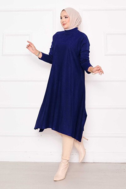 EBRUTESETTÜR Slit Detailed Glitter Mevlana Knitwear Tunic Cobalt