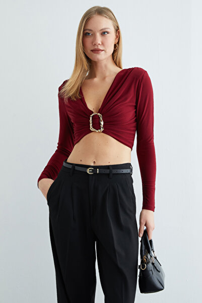 Fulla Moda Draped Buckled Shoulder Shoulder Pad Piece Crop Blouse