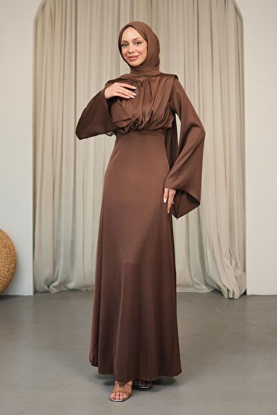 İmajButik Brown Shoulder Shoulder Pad Tlı Satin Evening Dress