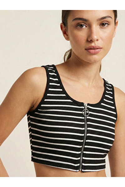 NEW JOURNAL Γυναικεία Μαύρη Μπλούζα Ριγέ με φερμουάρ Κοντό NJ53