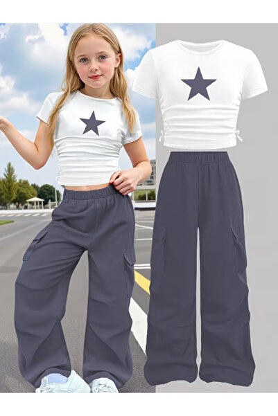 Machetta Children's New Star Printed Crop T-Shirt - Wide Leg Pocketed Tracksu...