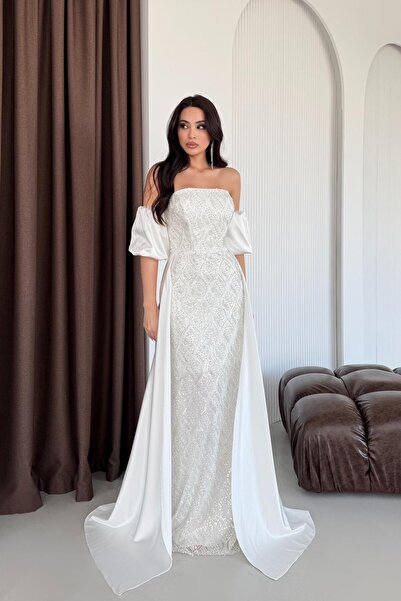 Serica Moda فستان سهرة أبيض بدون حمالات بأكمام بالون مزين بالترتر مع عباءة