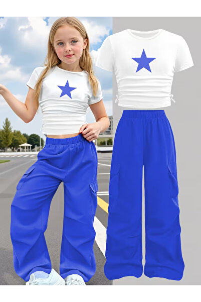 Machetta Children's New Star Printed Crop T-Shirt - Wide Leg Pocketed Tracksu...