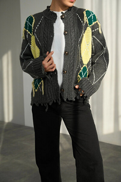 Myra Baklava Pattern Fringed Cardigan-Grey