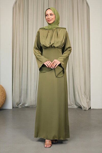 İmajButik Dark Oil Green Shoulders Shoulder Pad Satin Evening Dress