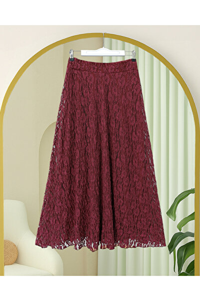 Modamorfo Patterned Lined Guipure Lace Skirt - Burgundy