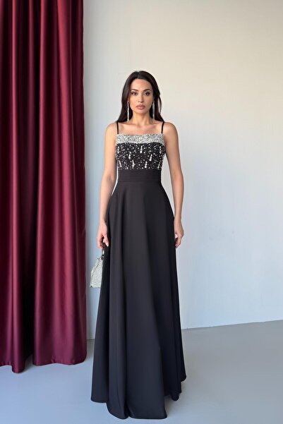 Serica Moda Black Strap Stone Embroidered Long Evening Dress