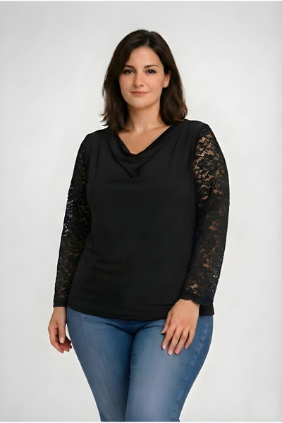Curvy Trend Μπλούζα μεγάλου μεγέθους με γιακά Degaje και μακριά μανίκια από δ...