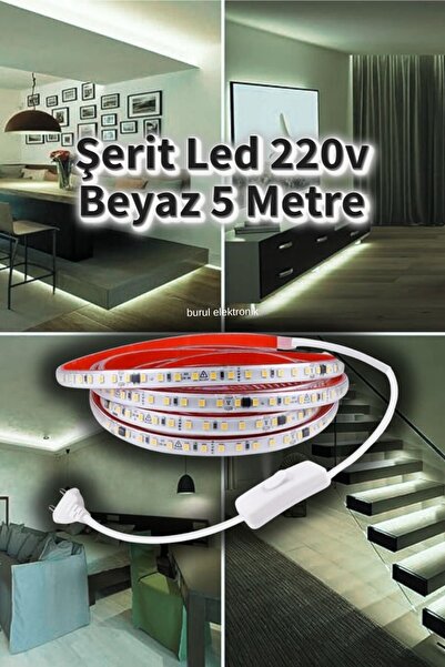 burul 5 Metre Yüksek Lümen Yapışkanlı Silikonlu Fişli Beyaz Işık Şerit Led SB...