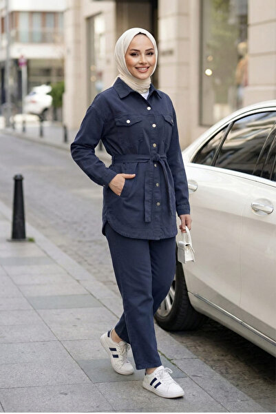 Hb Harma Time Butik Women's Buttoned and Pocketed Denim Navy Blue Tunic Pants...