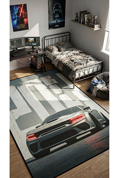 RUGRUMBA Kaymaz Taban Makinede Yıkanabilir Araba Desenli Gamer Genç Odası Halısı
