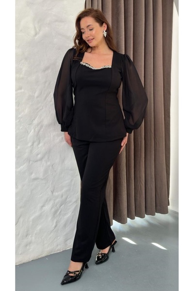 Butik Nilyam Women's Plus Size Square Neck Chest Stone Detail Chiffon Balloon...