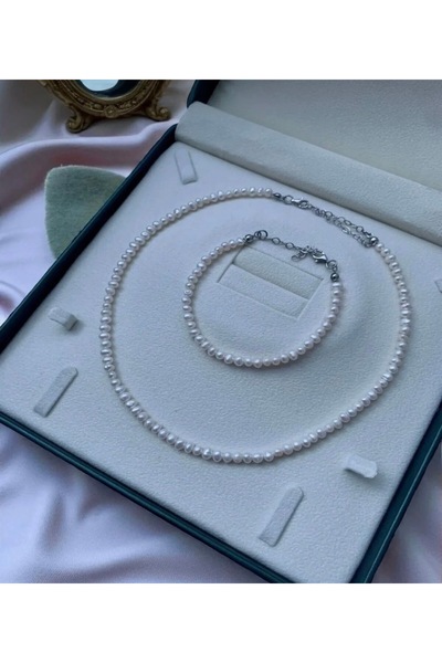 Taşmir Sertifikalı Doğal 4mm Inci Kolye ve Bileklik Set - Paslanmaz Çelik Apa...