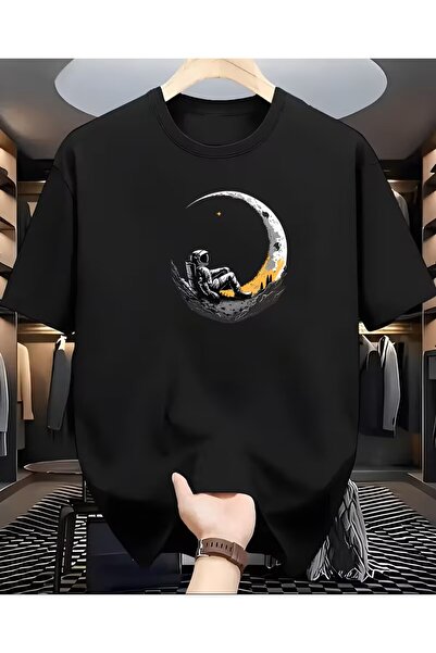 LELVANİ Unisex Moon and Astronaut Printed Black/White T-Shirt