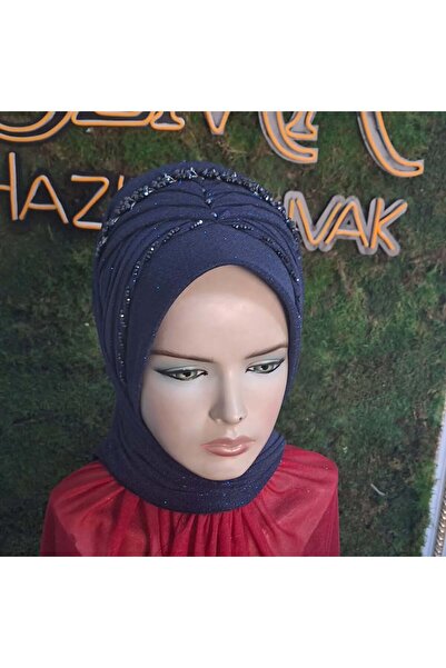 semahazırduvak lacivert simli işleme detaylı aksesuarlı model hazır türban ha...