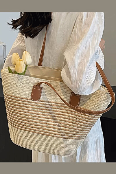 PriStyle Γυναικεία τσάντα παραλίας, τύπου shopper, πλεκτό σχέδιο, ευρύχωρη κα...