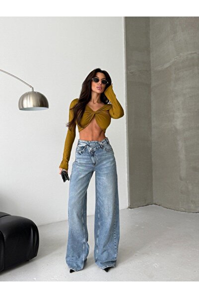 MODAGK Asymmetrical Waist Detailed Jeans