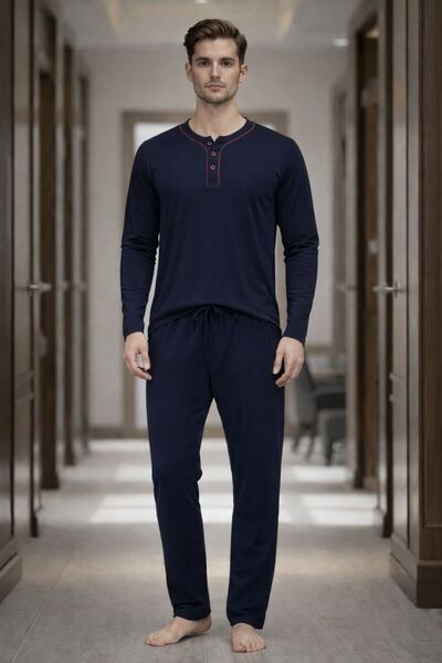 DEEPSENCE Set de pijamale pentru bărbați, cu mânecă lungă, 100% bumbac, bleum...
