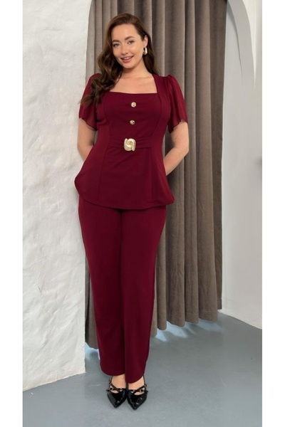 Butik Nilyam Women's Plus Size Square Neck Chiffon Sleeve Belt Brooch Detail ...