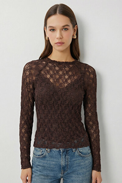 Lovelyİstanbul Lace Transparent Stretchy Knitted Blouse Lzv0048 Brown