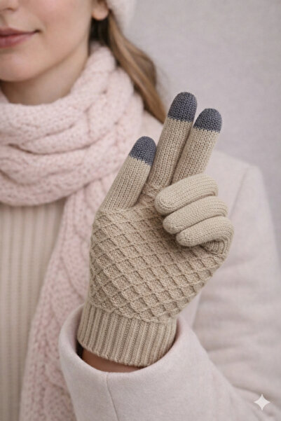 SİSTEM PELUŞ قفازات نسائية أنيقة بنمط محبوك متوافقة مع شاشات اللمس